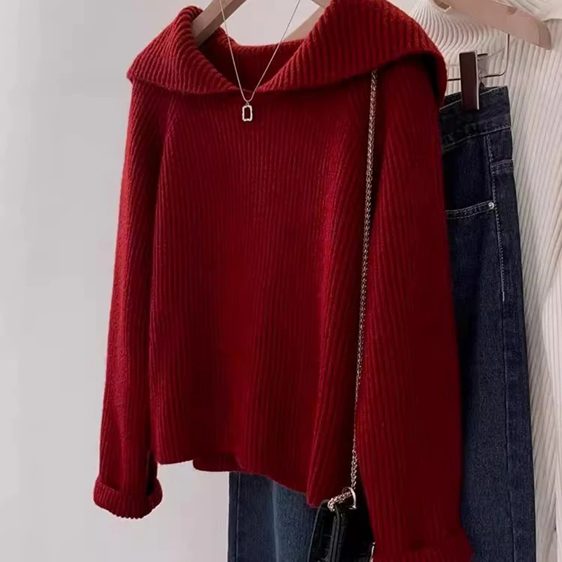 Красный темно-синий свитер с воротником, женский зимний новый Sle Lazy Faion, мягкий уютный вязаный топ, длинный длинный свитер из полиэфирного волокна...