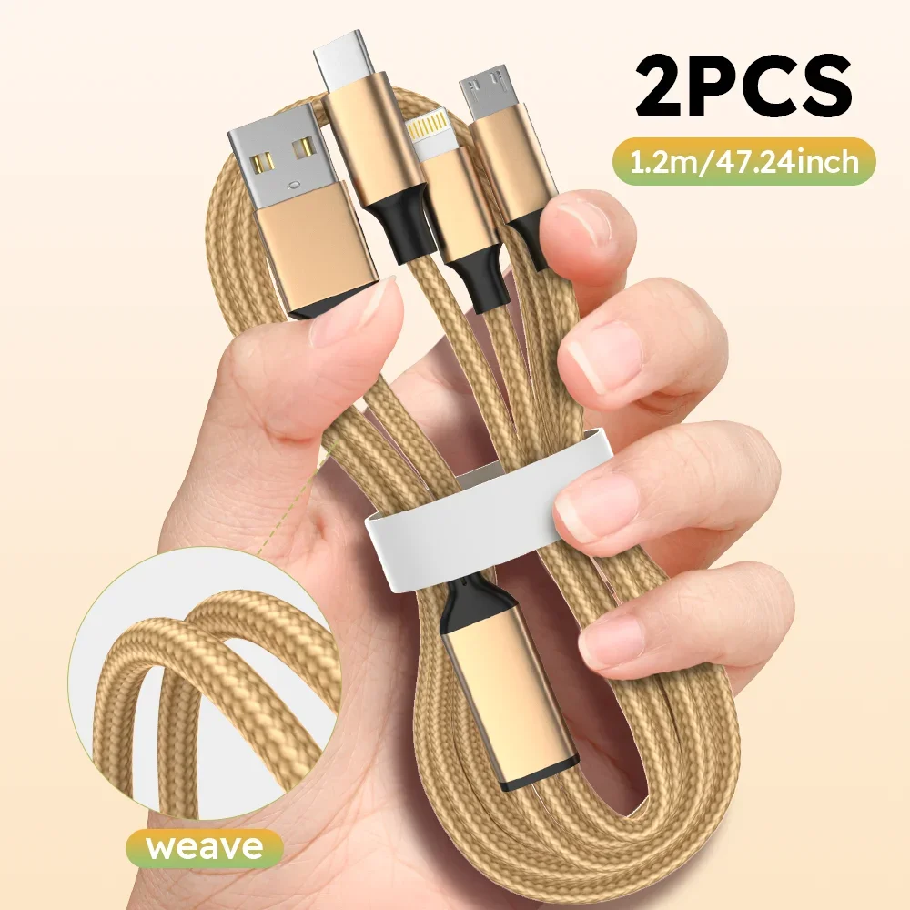2PCS 4FT USB Cable Nylon Braided Rapid Multiple Charger Cable, 3 In 1 Multi Phone Charger Cord For Cell Phones, With Type-C, Micro USB, And IP Port For IPhone For Samsung For Huawei Multi Port Multiple Charging Wire