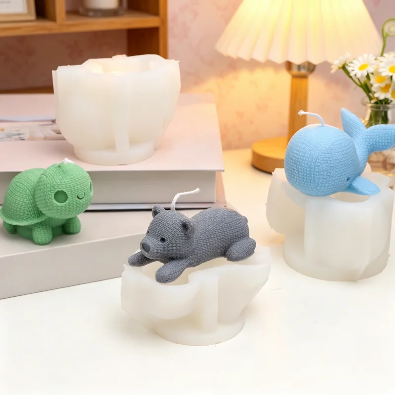 3D Knitted Texture Animal Silicone Candle Mold Knit Bear, Dog, Whale, Turtle Unicorn Shaped Resin Plaster Mold Kawaii Home Decor