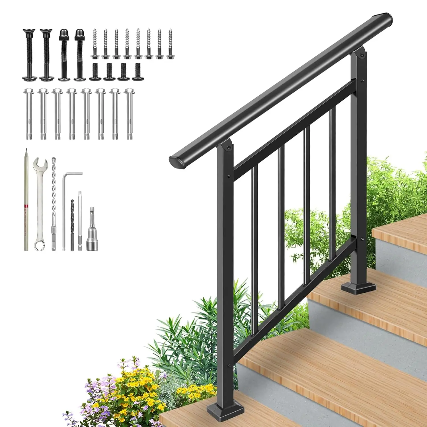 

Adjustable 3-Step Stair Railing Kit with Handrails, Black Wrought Iron for Outdoor Steps and Porch
