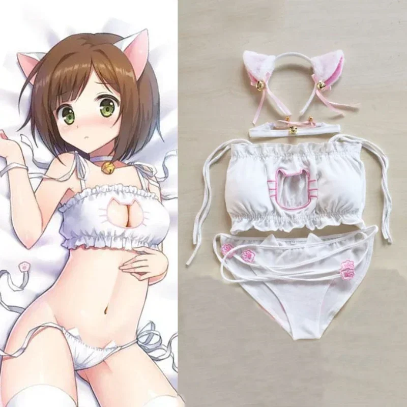 

Maid Cat Cosplay Woemn Sexy Lace Lingerie 2024 Anime Miku Ruffle Hollow Bra Lenceria Strappy Briefs Exotic Set Neko Ear Babydoll