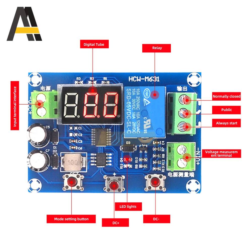 XH-M608 módulo de descarga de carga da bateria DC6-40V integrado voltímetro subtensão proteção sobretensão relé saída