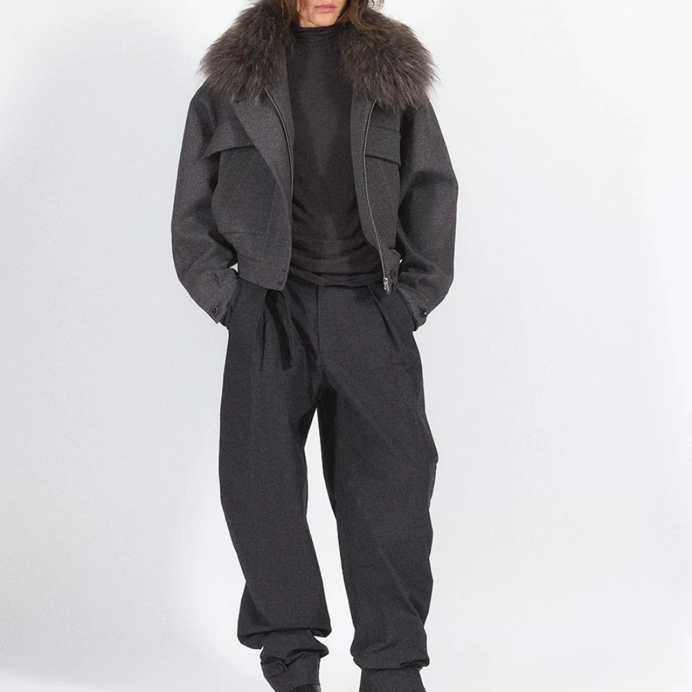 معطف شتوي من الصوف لعام 2025 جاكيت من الفرو الحقيقي سترات صوفية للنساء بسحاب معطف نسائي ملابس الخريف ملابس خارجية معطف فرو الراكون #4