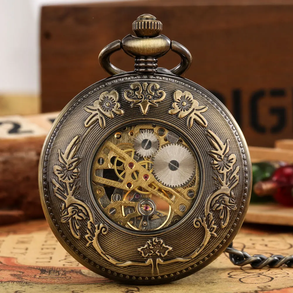 Vintage Mechanical Pocket Watch Mens Hand-winding Skeleton Dragon Chain Retro Pendant Timepiece Roman Numerals Display Clock