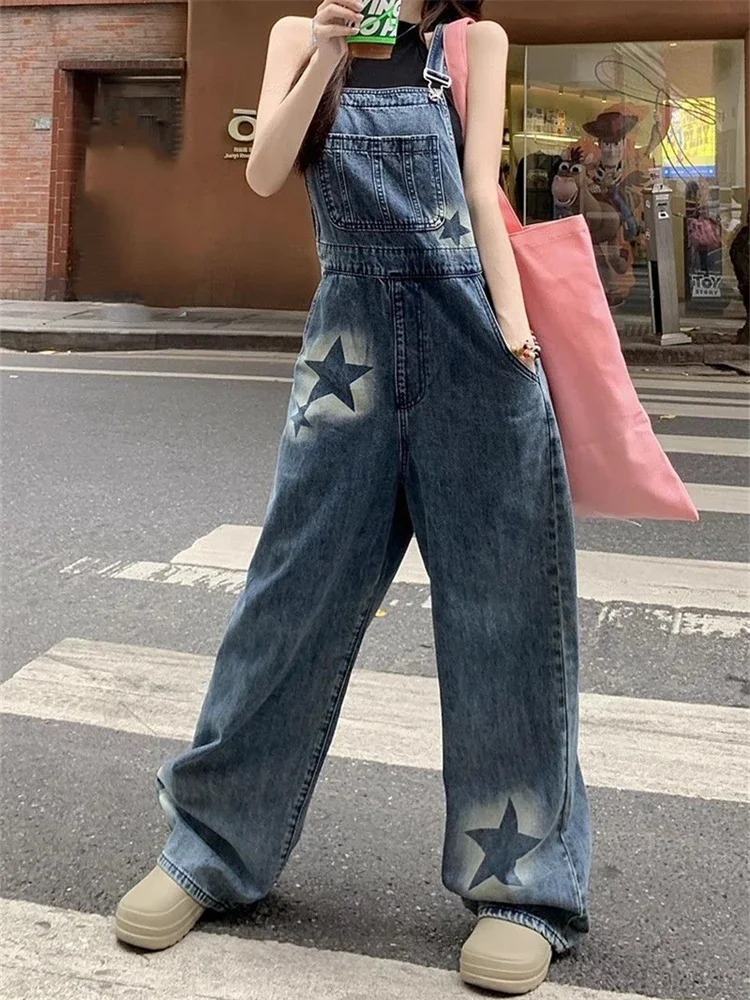 

Women's Star Print Blue Overalls Fashion Wide Leg Girl Suspender Jumpsuits Pant Female Streetwear Rompers Straight Denim Trouser