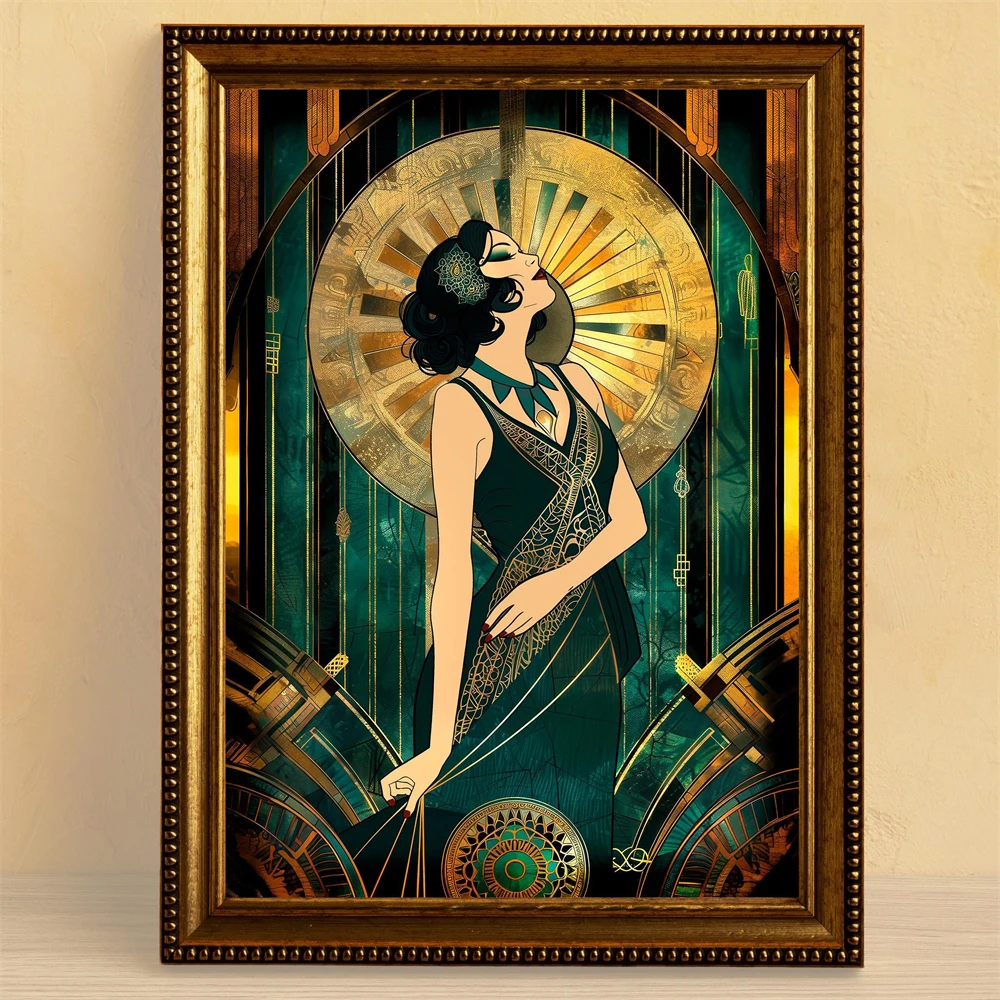 Vintage Lady Powder Room Wall Art Prints Large Teal Gold Wall Art Retro Living Room Decor Poster Art Nouveau Canvas Painting