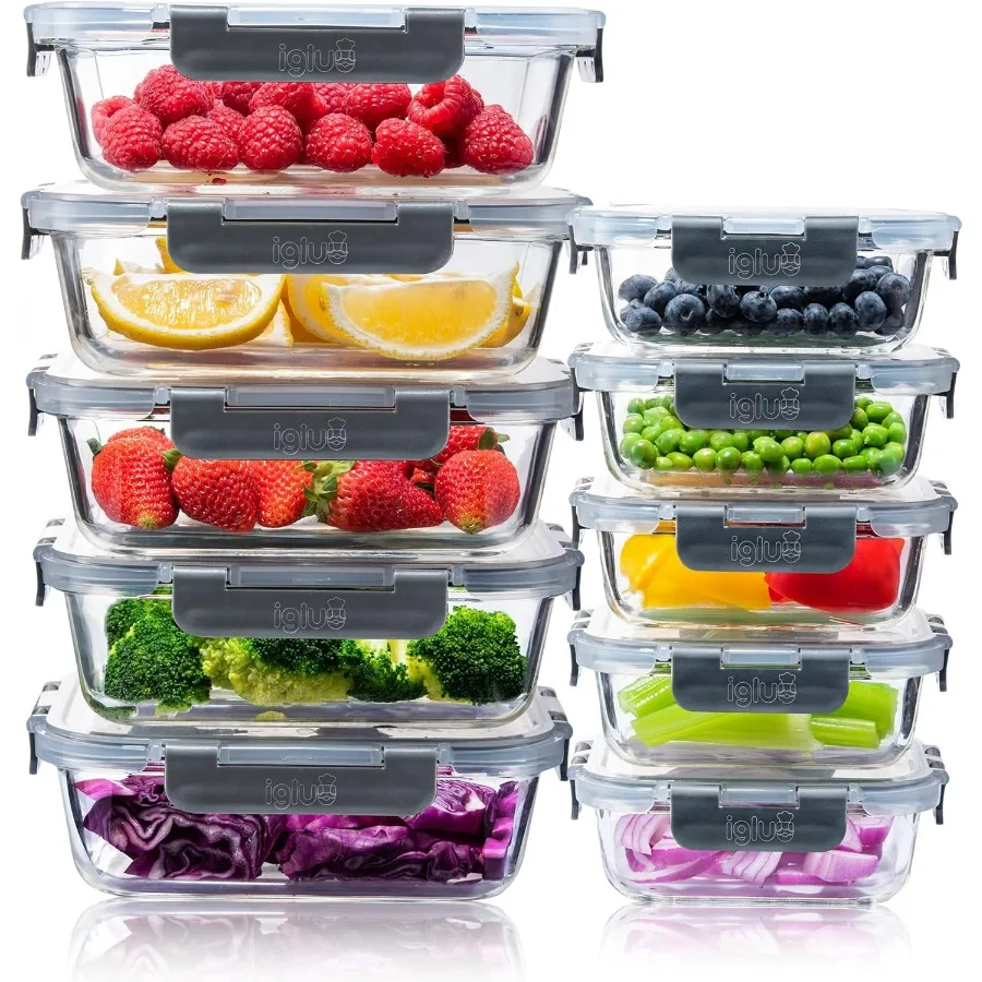 

Igluu Meal Prep Glass Food Storage Containers 10 Pack Meal Prep Containers with Snap Lock Leakproof Lids Reusable Microwave saf