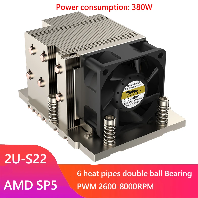 COOLSERVER AMD SP5 2U-S22 6 Copper Tubes 380W Server CPU Cooler Workstation Processor Cooler Radiator 4PIN PWM Fan For AMD SP5