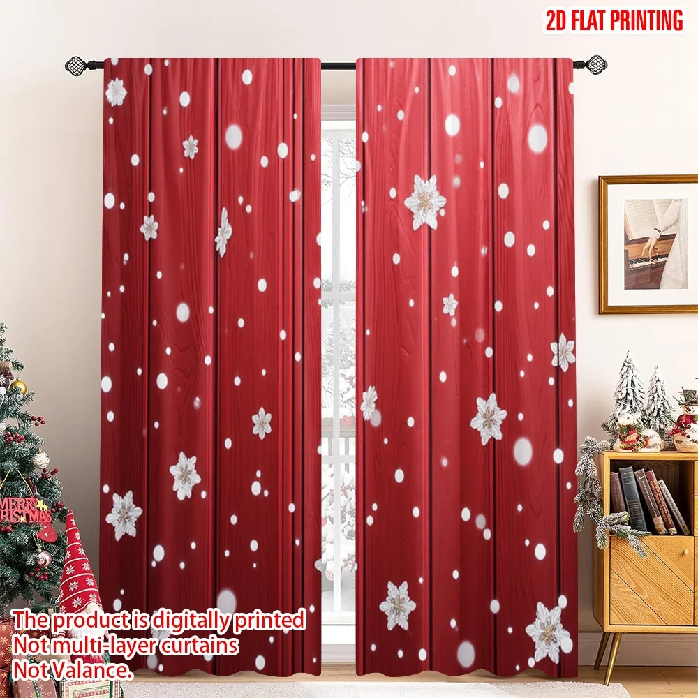 

2pcs 2D flat printing Christmas Scene Curtain Red Snowflake Star Christmas 100% Polyester Without Electricity Holiday