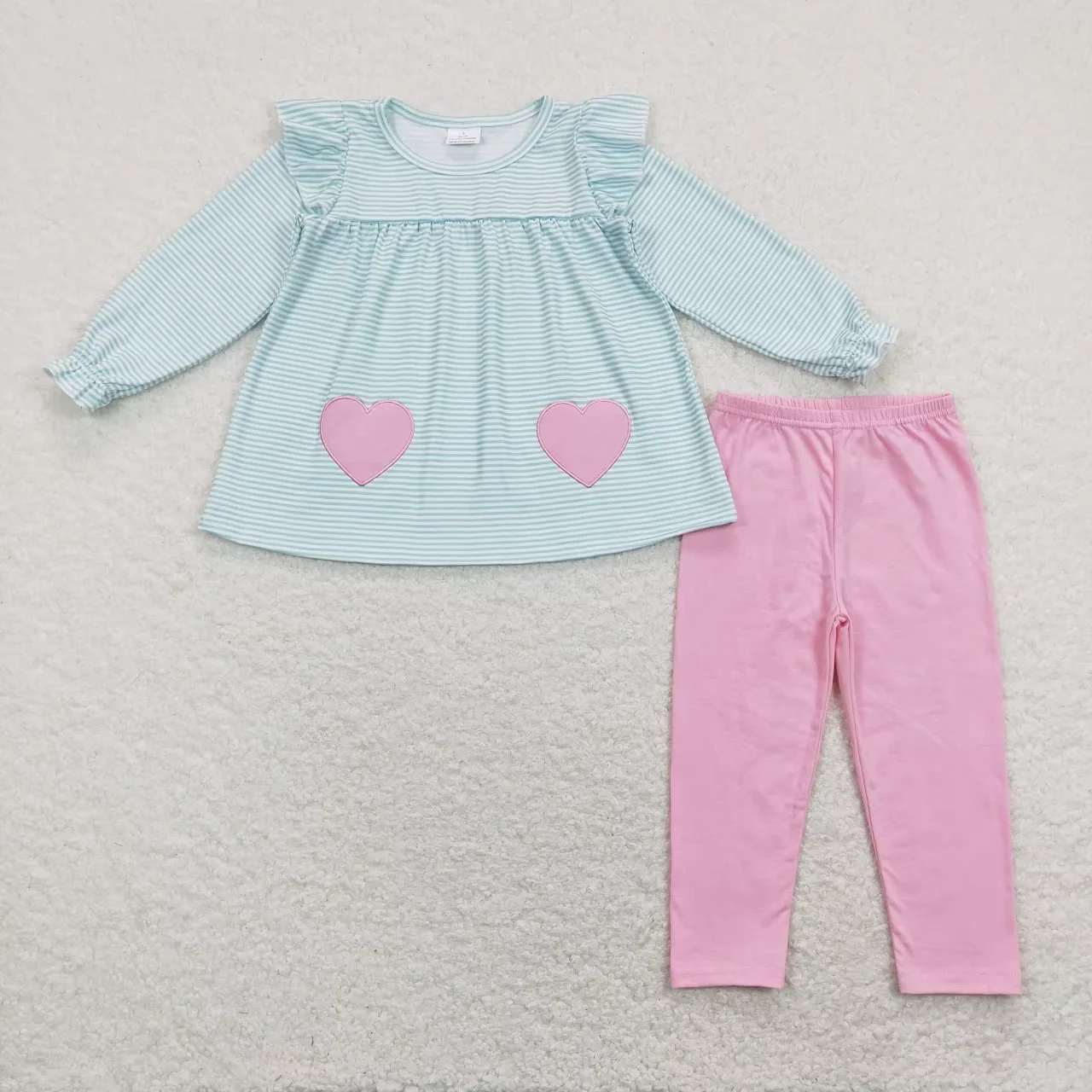 Wholesale Baby Girl Long Sleeves Embroidery Hearts Stripes Tunic Kids Cotton Pants Children Set Children Valentine\'s Day Outfit