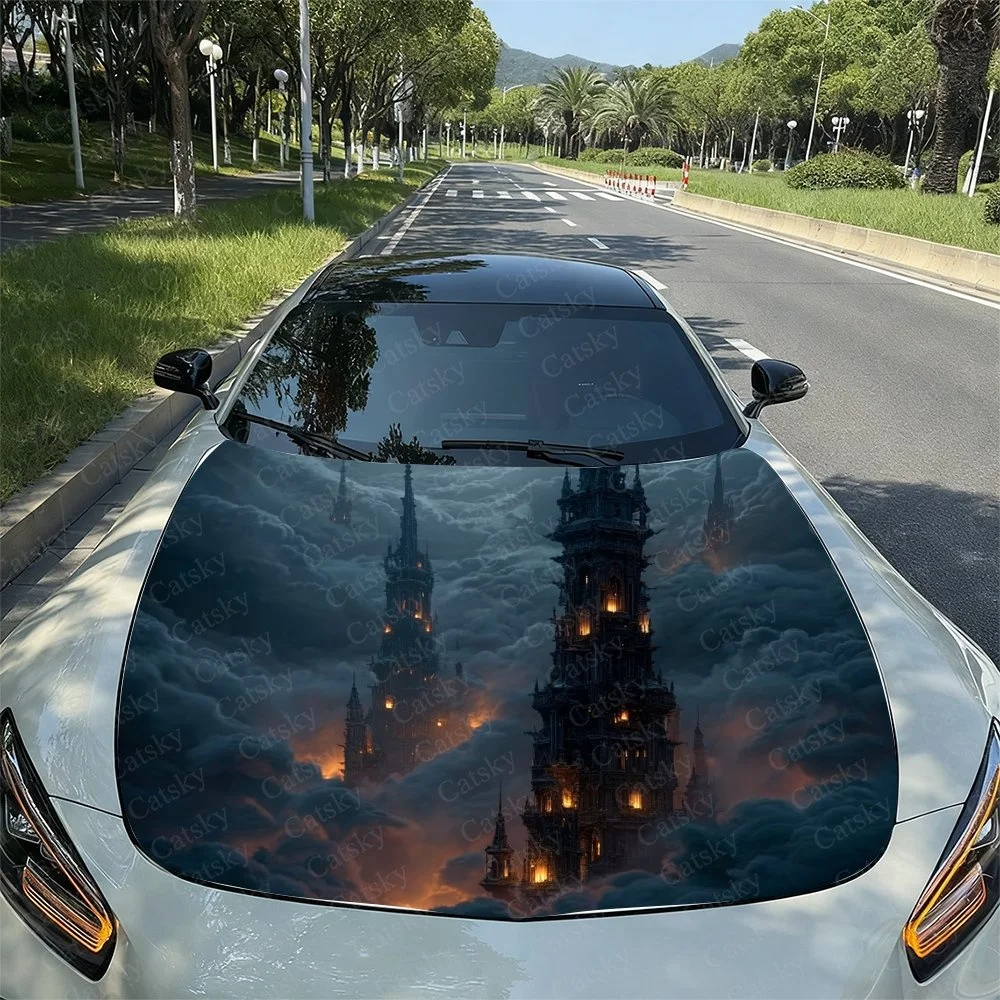 

This car hood features a stunning gothic castle design with fiery clouds, creating a dramatic and mystical atmosphere. Perfect f