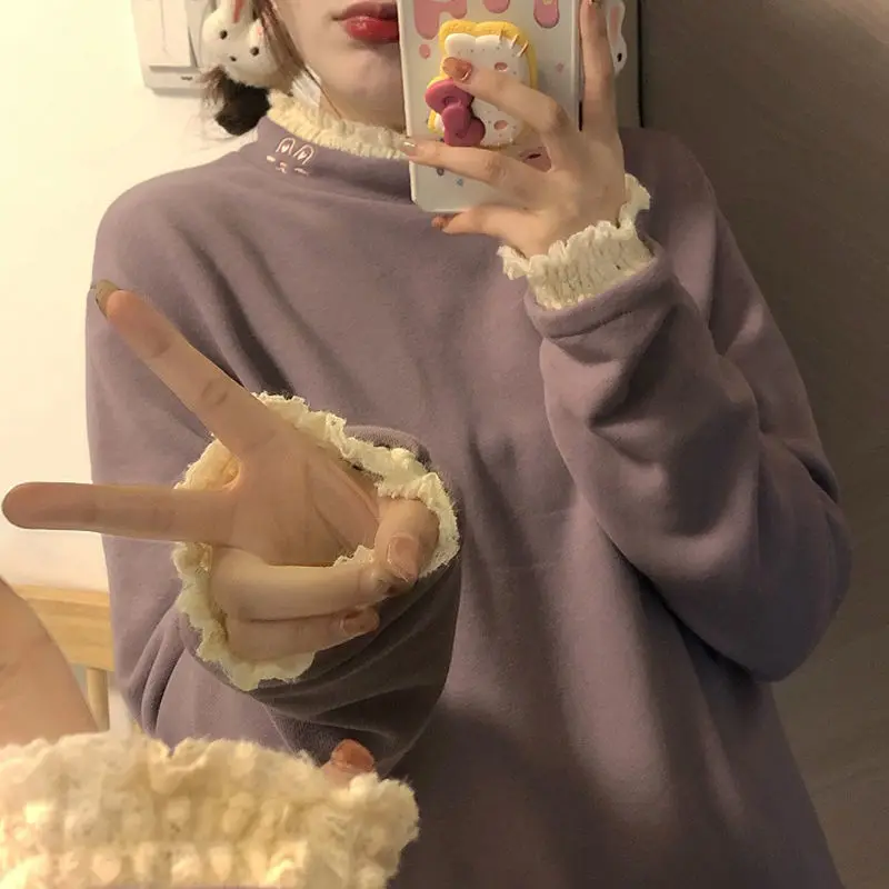 KOSAHIKI Embroidery Fleece Basic T Shirt Long Sleeve Lace Turtleneck Simple T-shirts Women Harajuku Kawaii Funny Student Tshirt