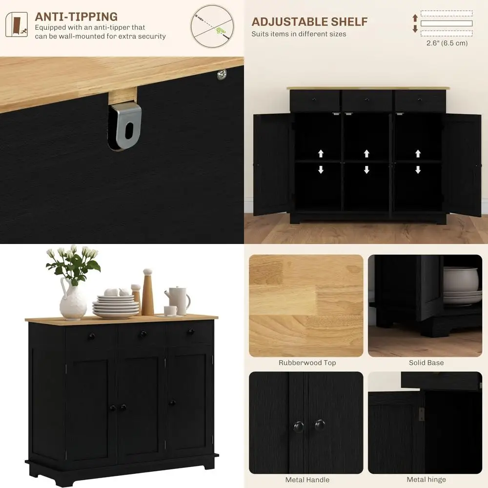 

Solid Wood Countertop Sideboard Buffet Cabinet, Modern Kitchen Storage with 3 Drawers, Adjustable Shelves, Distressed Black