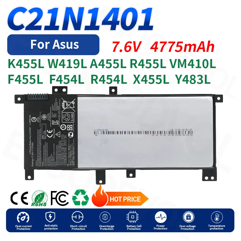 7.6V 4775mAh C21N1401 Laptop Battery for Asus K455L X455L W419L VM410L A455L R455L F455L R454L F454L Y483L DX882L Replacement