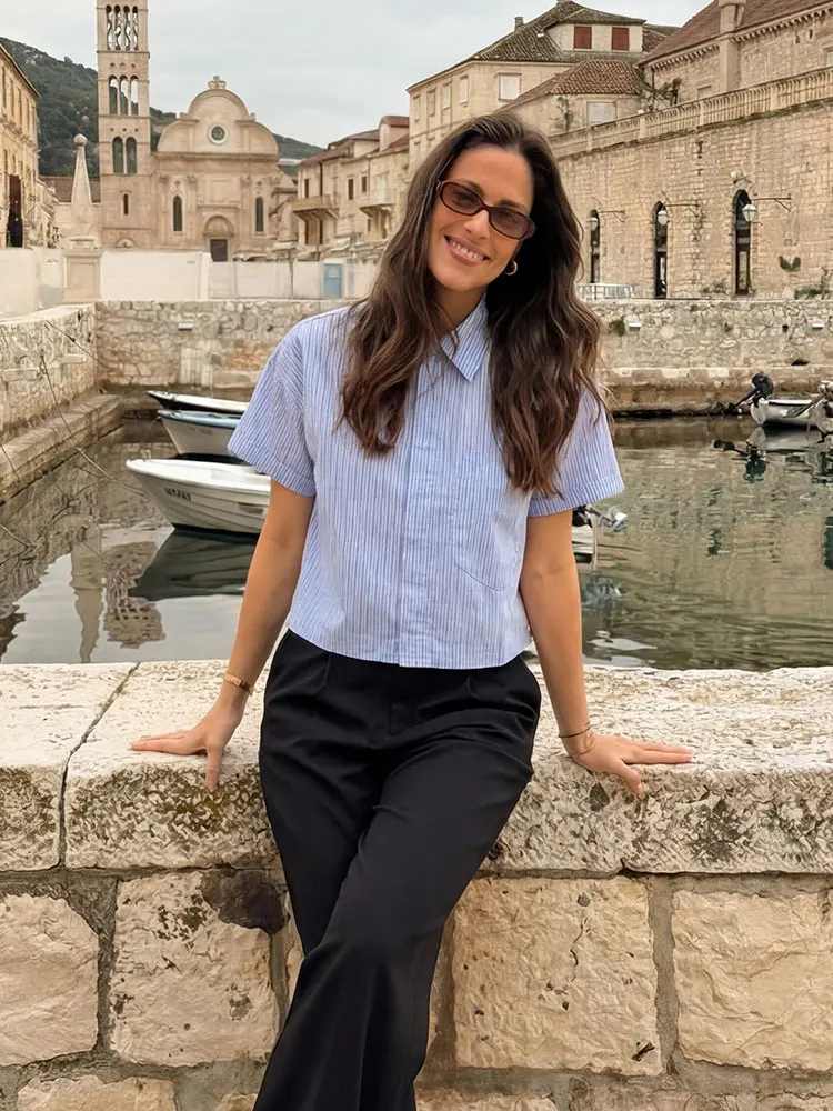 

HH Women's Striped Cropped Button Down Shirt Casual Short Sleeve Lapel Blouse Summer Loose Fit Streetwear Tops for Daily Wear