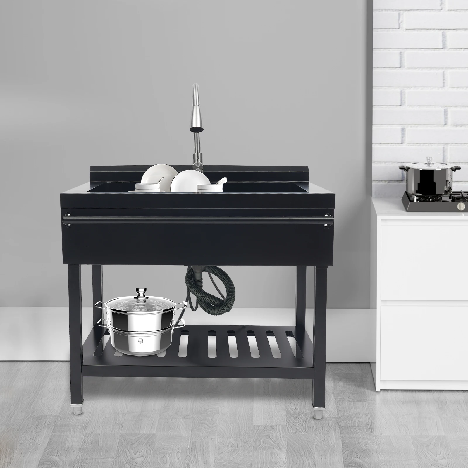 

Free Standing Kitchen Sink with 4 Adjustable Feet, Stainless Steel Sink, Free Standing Single Bowl Sink with Pull-Out Faucet