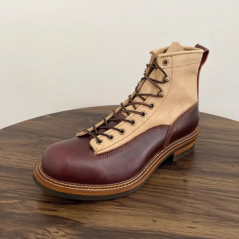 Retro Denim Style Work Boots - American Paratrooper Boots for Riding Motorcycle, Biker Engineer Boots Men's