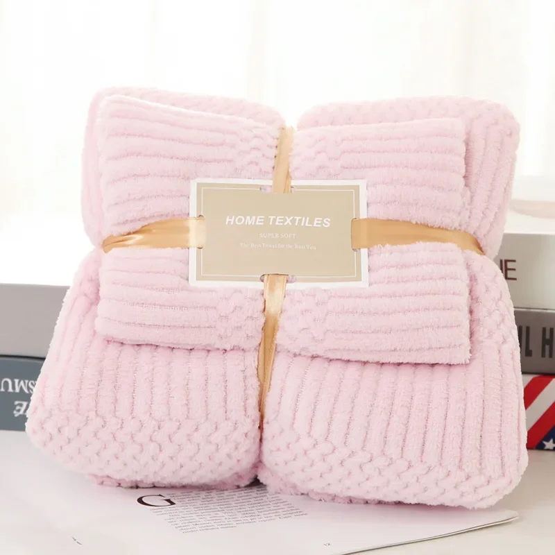 Thick Coral Fleece Towels Suit Solid Color Auspicious Grid Soft Absorbent Adult Beach Towel Covers