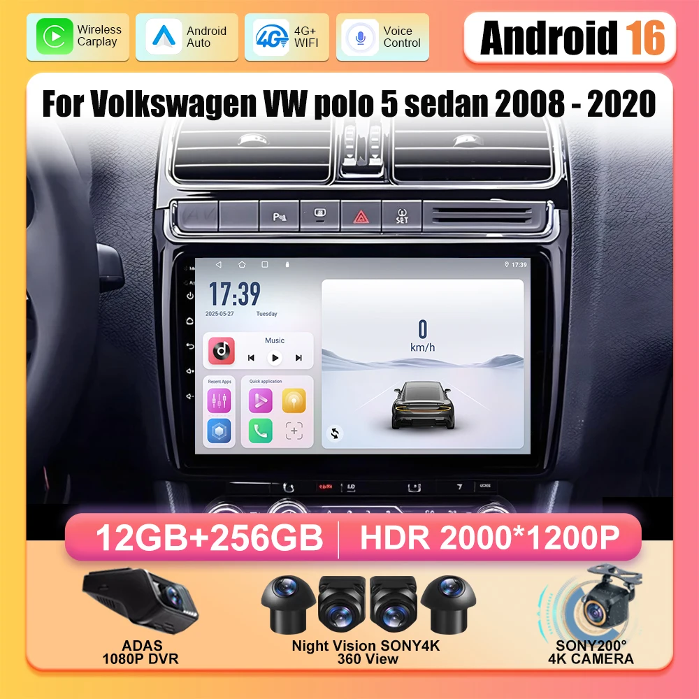 Android 16 Car Radio Navigation Multimedia Player For Volkswagen VW POLO 5 Sedan 2008 - 2023 Carplay Auto Stereo DSP WIFI+4G GPS