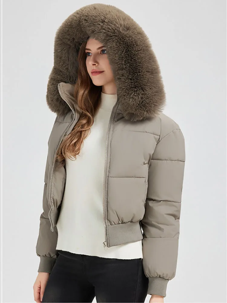 Veste rembourrée à col en fourrure pour femme, manteau court en coton, manches longues, fermeture éclair, Chic, ample, épais et chaud, hiver