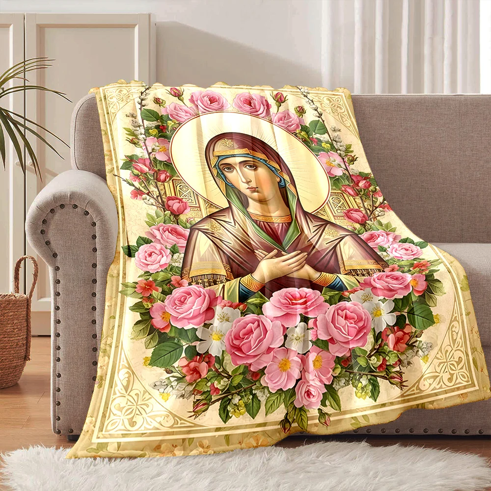 1PC Icon surrounded by rose wreath Faith-printed Flannel Blanket Soft and Warm Suitable for Home Travel Picnics Camping and RV