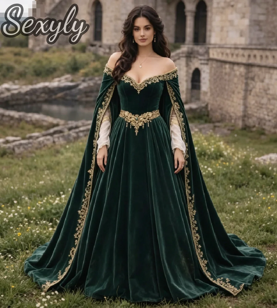 Smaragdgrünes Samt-Mittelalterkleid mit Cape-Ärmeln Vintage Schulterfreies Kleid mit Goldspitzenbesatz Renaissance-Messe Cosplay-Party
