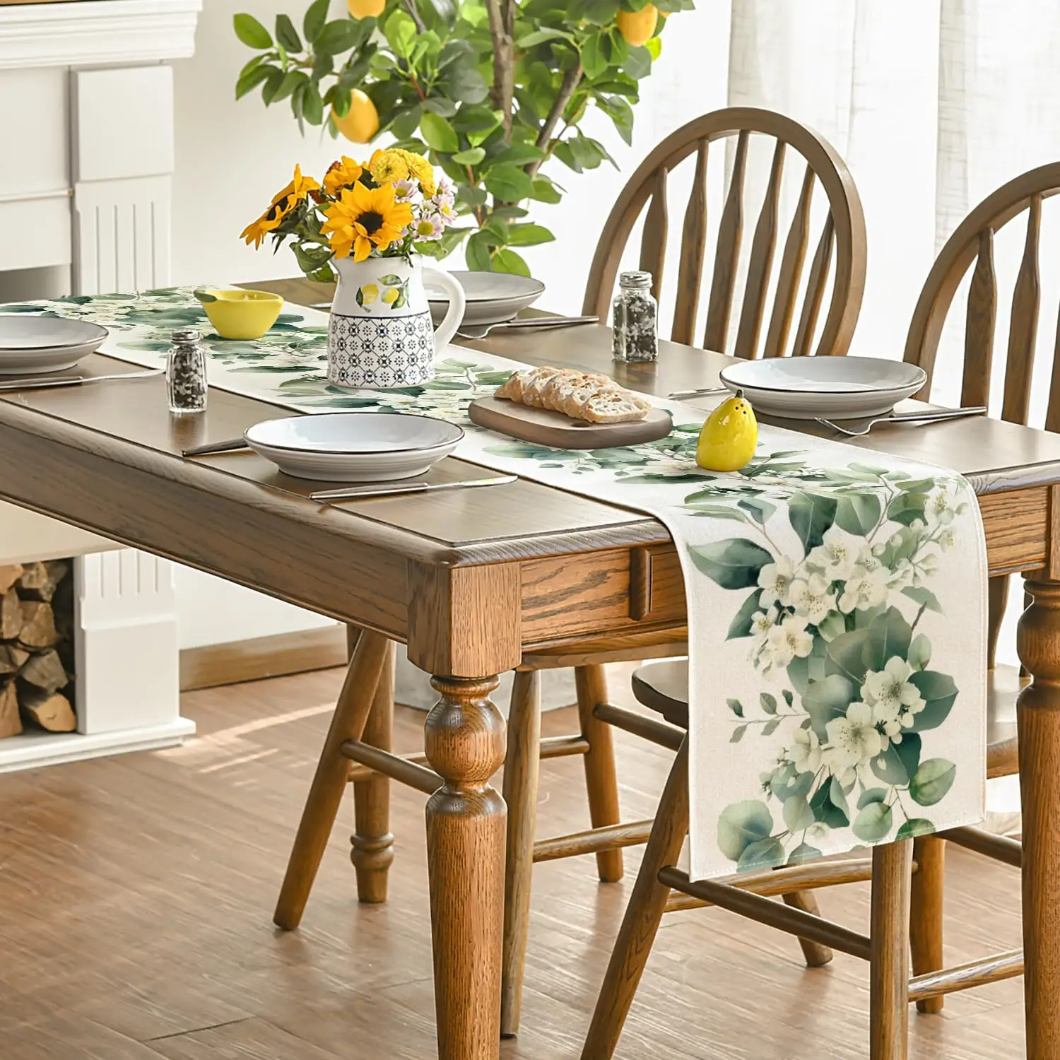 Summer Camellia Flower Linen Table Runner Spring Floral Leaves Dresser Scarf Table Decor Holiday Wedding Party Dining Room Decor