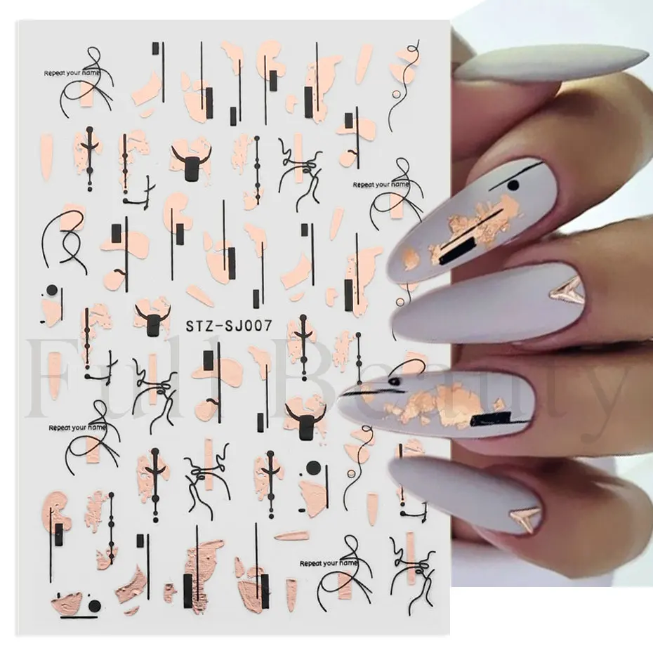 Metal Graffiti Line Nail Stickers Rose Gold 3D Laser Abstract Face Black Bronzing Geometric Leaf Decals Nail Design Decor Slider