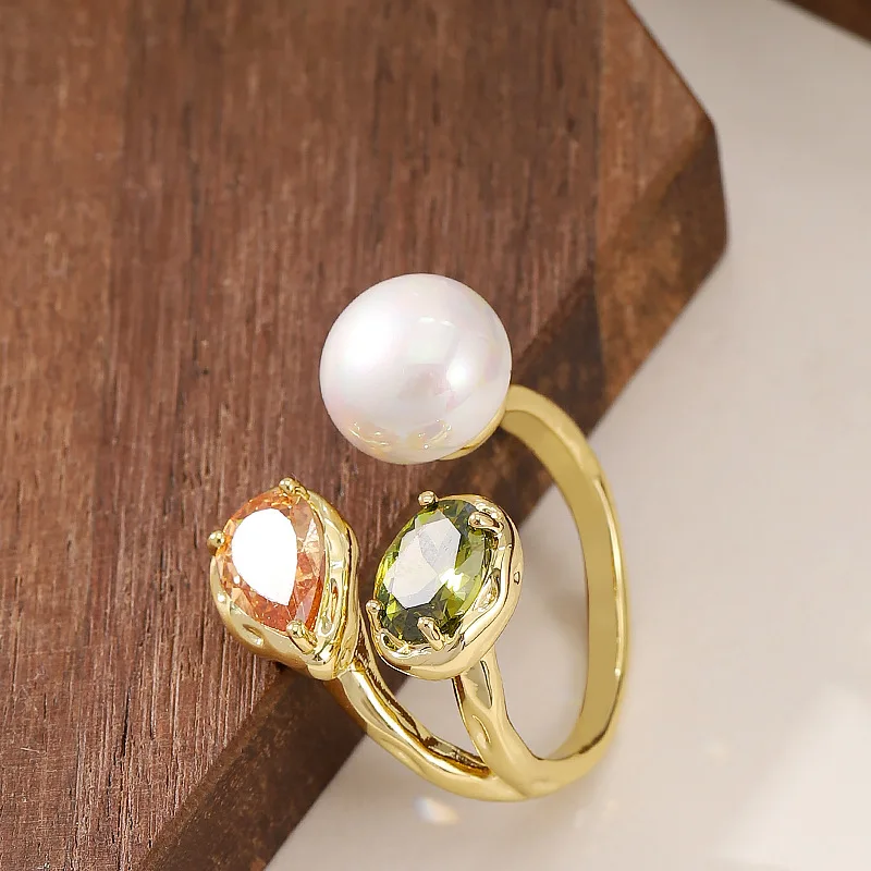 Fashionable and exquisite zircon-set pearl ring for women, non-fading, niche personality, adjustable open commuting ring