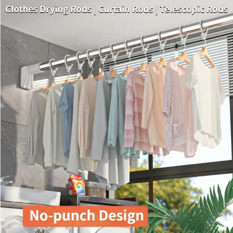 Drill-Free Adjustable Drying Rack,Telescopic No-Punch Curtain Pole,Stainless Steel Support Rods for Curtain Closet Wardrobe,1pcs