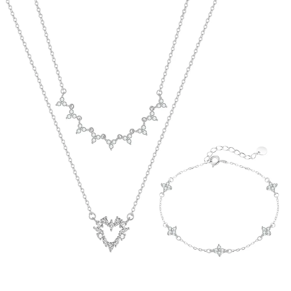 

S925 Sterling Silver Irregular Heart Necklace Women's Light Luxury Niche Design White Zircon Inlaid Layered Jewelry