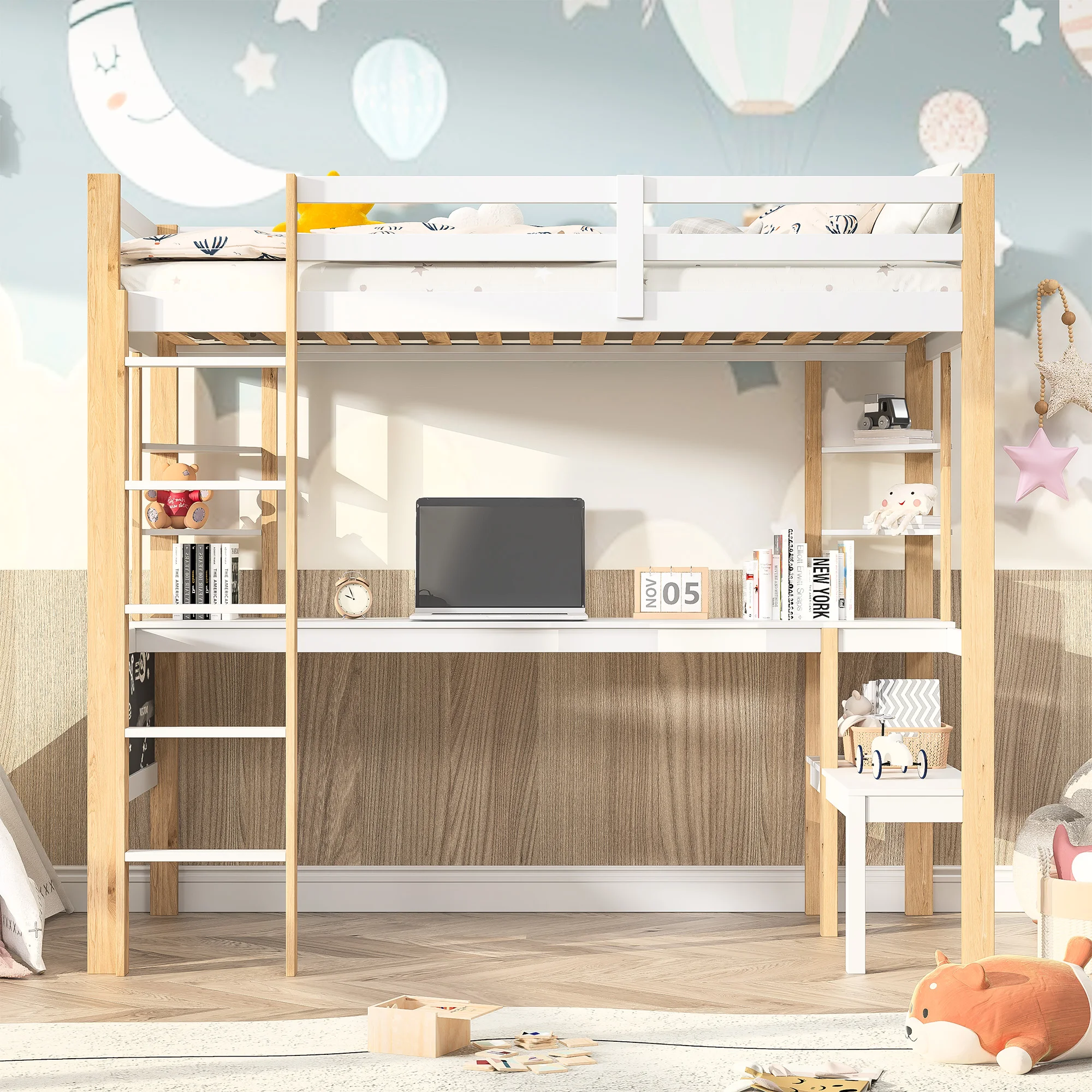 90x200 cm Kinderbett Hochbett mit Schreibtisch, Tafel und Regalen mit Lattenrost und Fallschutz-Einzelbett