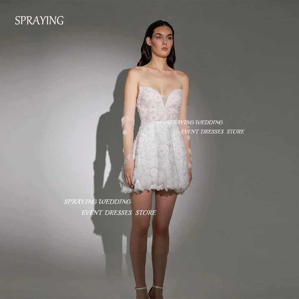 

SPRAYING Luxury Lace Applique Wedding Dress A Line Sweetheart Bridal Gown Sexy Mini Short With Remove Sleeve For Evening Dress