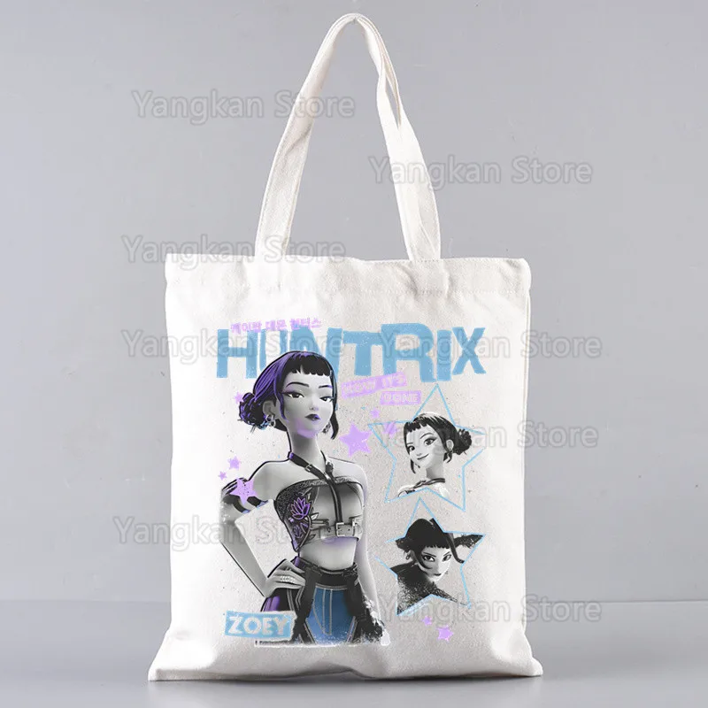 KPop شيطان الصيادين زوي رومي ميرا طباعة حقيبة تسوق قابلة لإعادة الاستخدام المرأة قماش حمل الحقائب الطباعة ايكو الكرتون المتسوق حقائب كتف