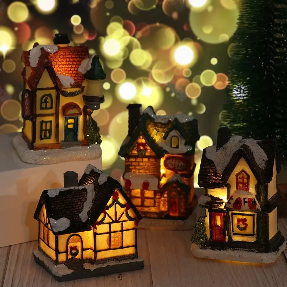 LED Christmas Light House Lighting Miniature House Home Xmas Christmas Village Resin Furniture House Decorate Christmas Party