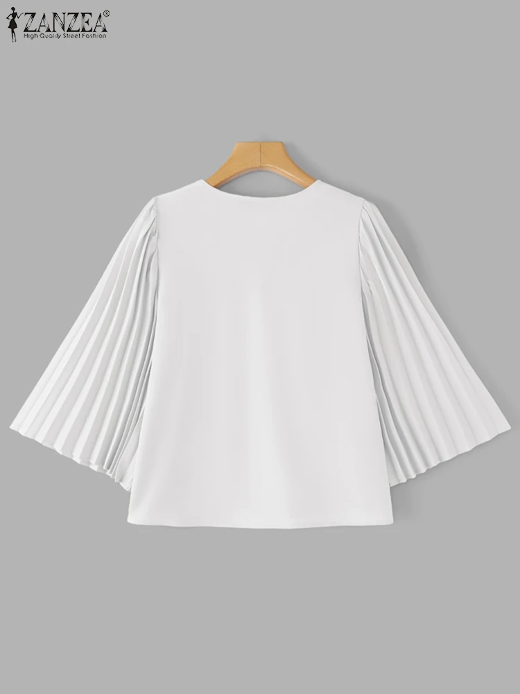 ZANZEA Women Blouses 2025 Summer 3/4 Sleeve Pleated Shirts Solid Color Sexy V-Neck Casual Loose Tunic Tops Fashion Elegant Blusa