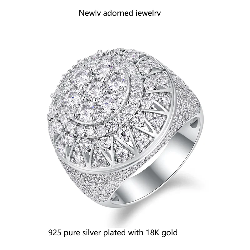 

A luxurious, exaggerated hip-hop style ring for men, featuring American street fashion with moissanite stones, suitable for West