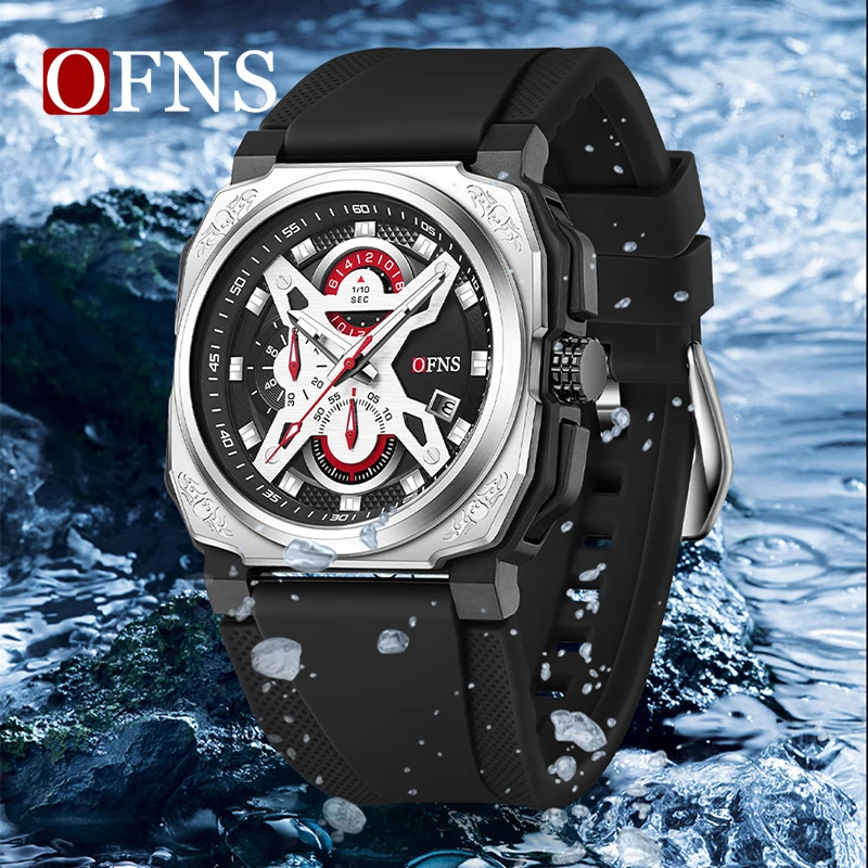 OFNS 8022 Watches Mens Quartz Top Brand Luxury Automatic Date Silicone Waterproof Sport Military Chronograph Wristwatch for Men