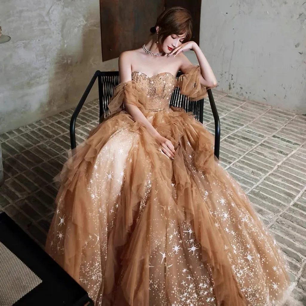 Вечернее платье цвета шампанского без бретелек с открытыми плечами и рюшами, расшитое бисером и блестками, ампир, тюль, трапециевидное платье для женщин, вечернее платье для выпускного вечера знаменитостей
