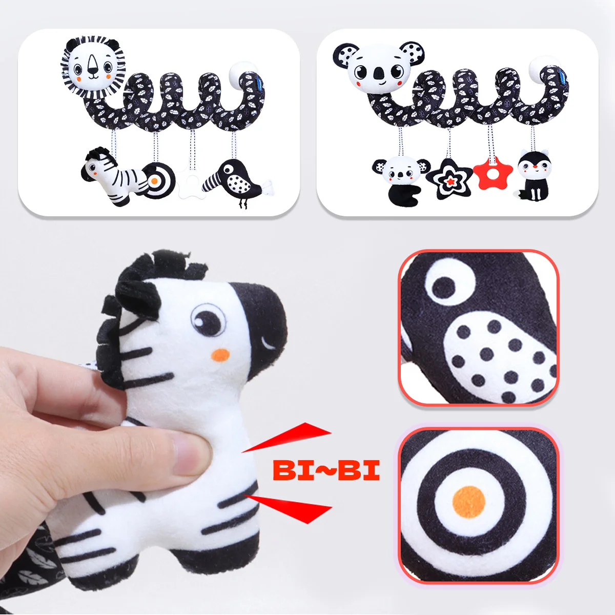 Baby pluche spiraal hangend speelgoed voor kinderwagen wieg autostoel, hangend rammelaar speelgoed voor wieg mobiel, hoog contrast speelgoed voor pasgeborenen