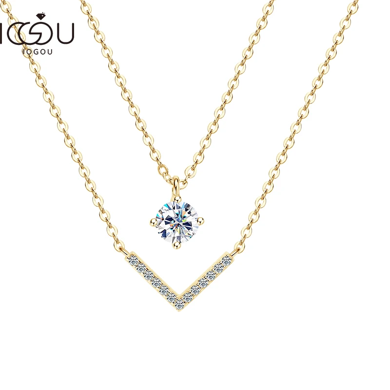 IOGOU Double Layer Necklace V Shape Moissanite Pendant for Women Real 925 Silver Adjustable Chain Fine Jewelry Gift 2025 Trendy