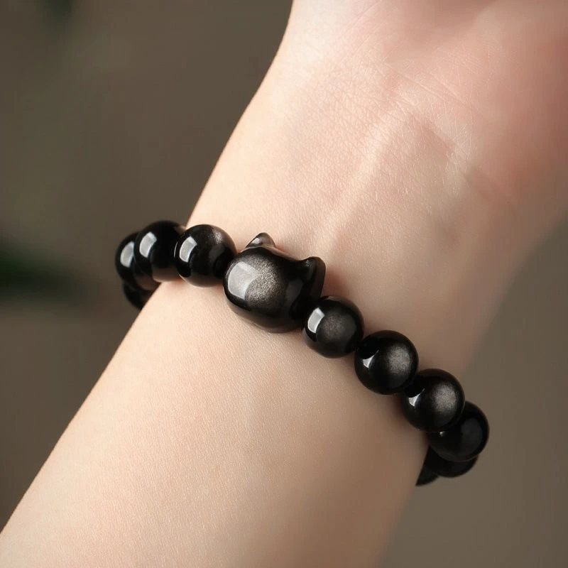 Silver Obsidian Night Elf Cat Head Bracelet Gift