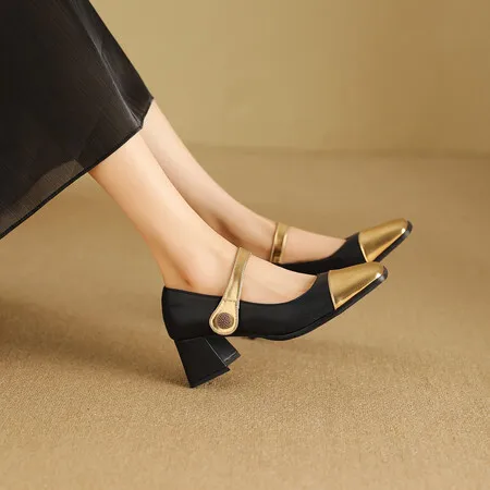 

Square-toe High-heeled Shoes, Feminine Temperament, Advanced Black Mary Jane Shoes, Thick Heels and Leather Shoes.