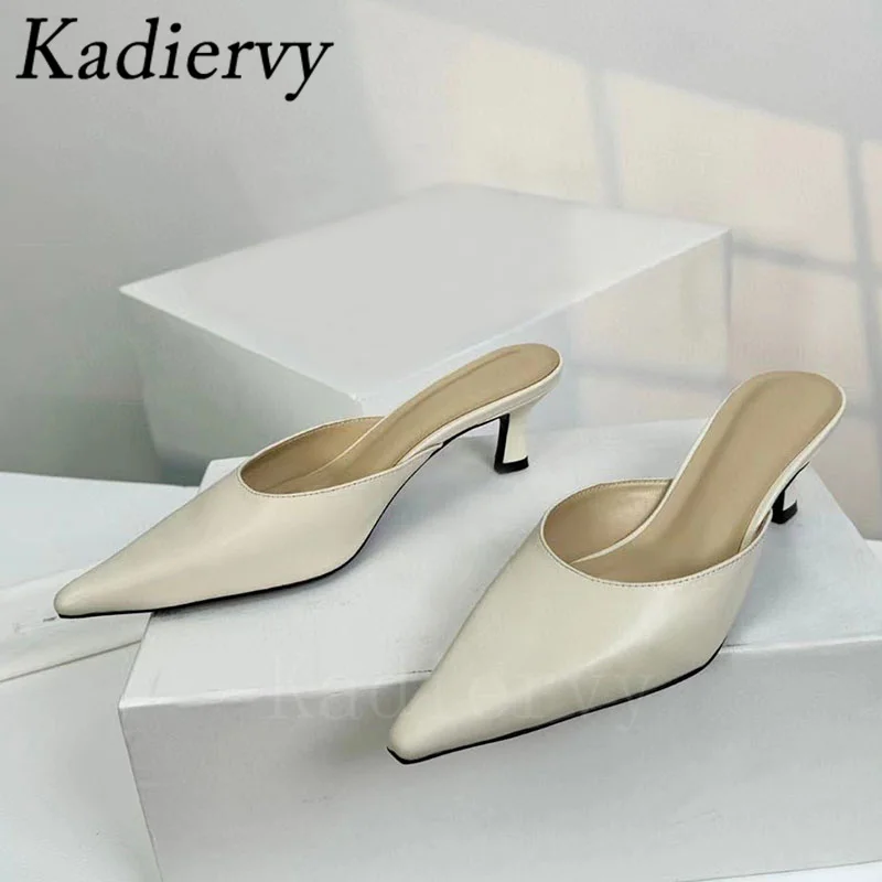 2024 New Kitten Heels Slippers Women Genuine Leather Mules Shoes Woman Pointed Toe Slides High Heels Modern Slippers Woman