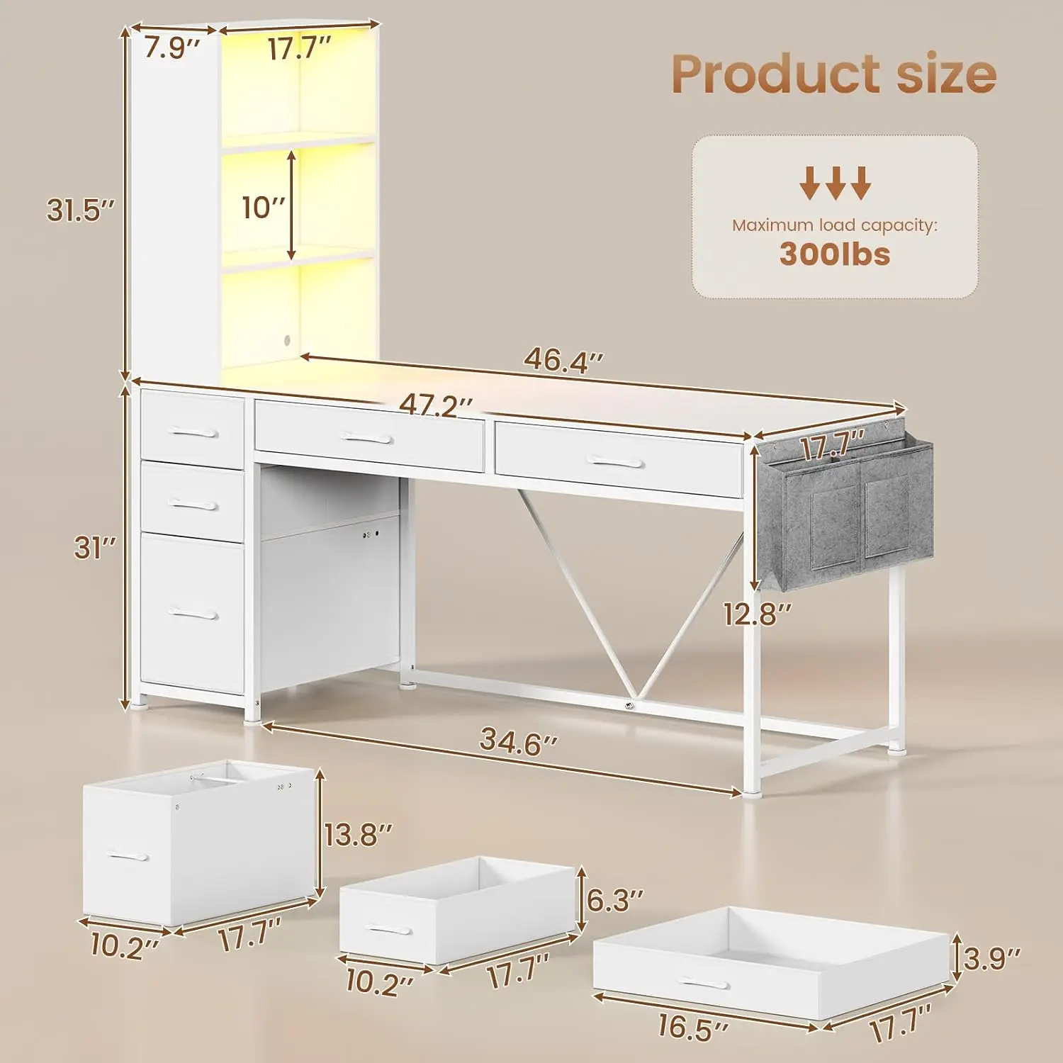 SEDETA 5-Drawer Computer Desk with Bookshelf & Storage Shelves, Reversible Home Office Desk with File Drawer & LED Lights Gaming