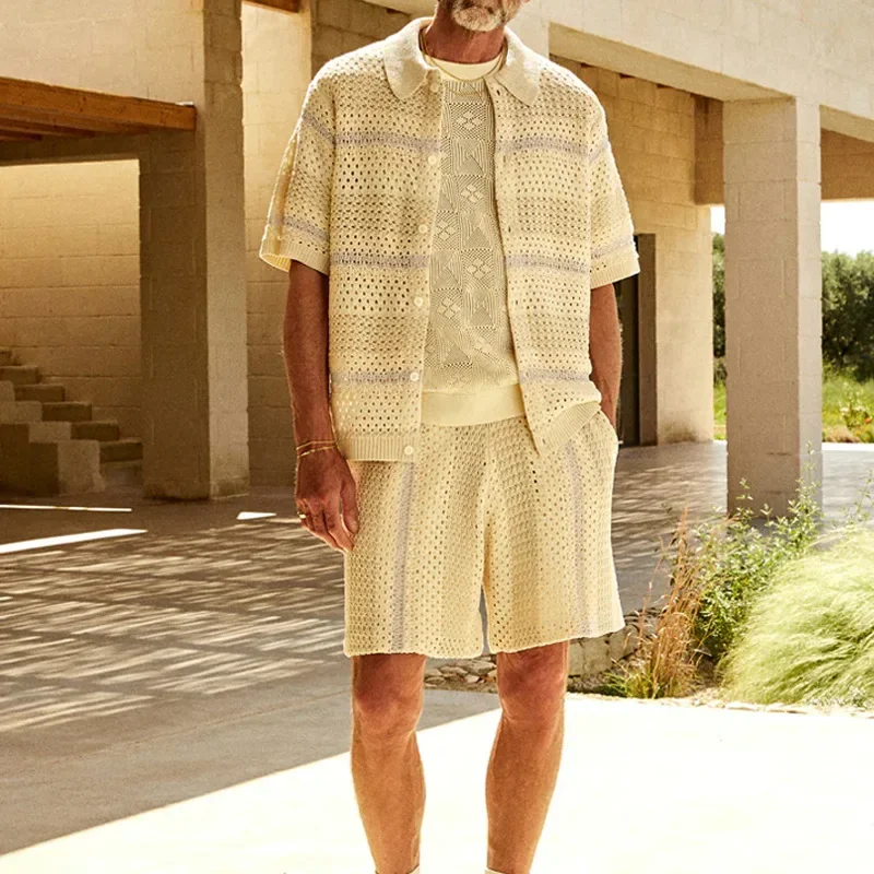

New Summer Men's V-neck Short-sleeved Cardigan Shorts Suit Fashion Knitted Hollow Out Breathable Two-piece Beach Male Suits