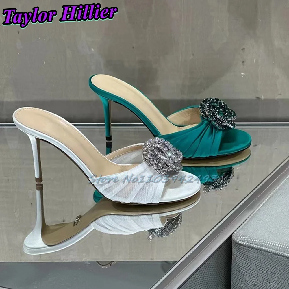 

Round Rhinestones Heeled Sandals Open Toe Satin Air Mesh High Heels Solid Women Flip Flops Luxury Pull On Slip On Designer Shoes