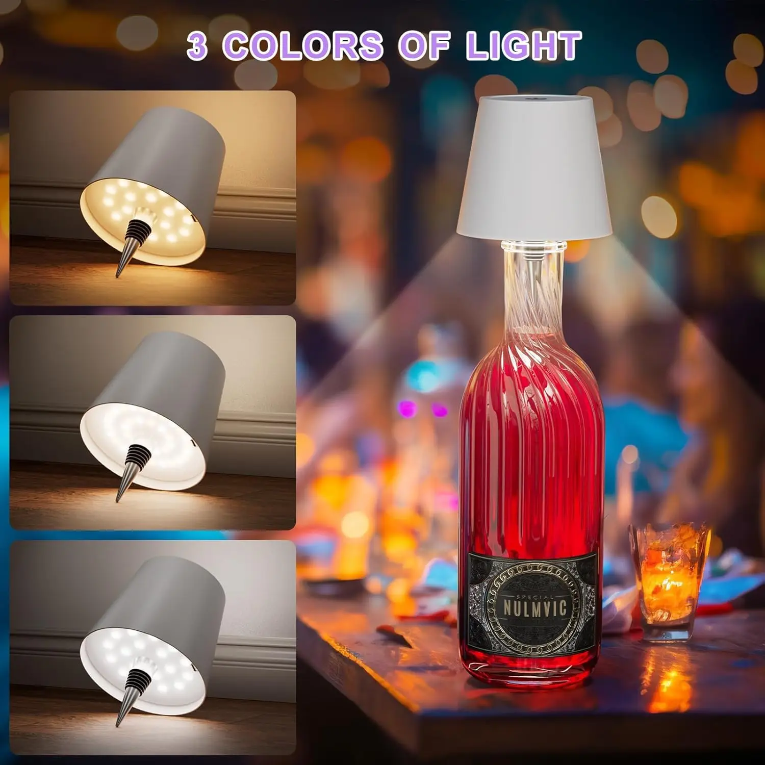 Wireless Bottle Lamp Shade with 3 Color Temperature, Rechargeable Stepless Dimming LED Wine Bottle Lights for Any Bottle