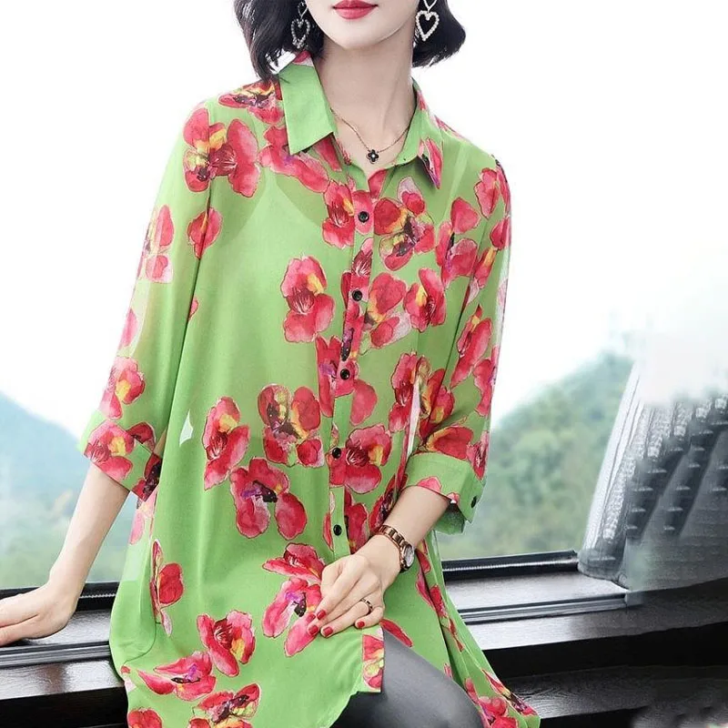 Summer Women\'s Clothing Casual Loose Midi Printed Floral Shirt Single-breasted Fashion Vintage 3/4 Sleeve Chiffon Blouses