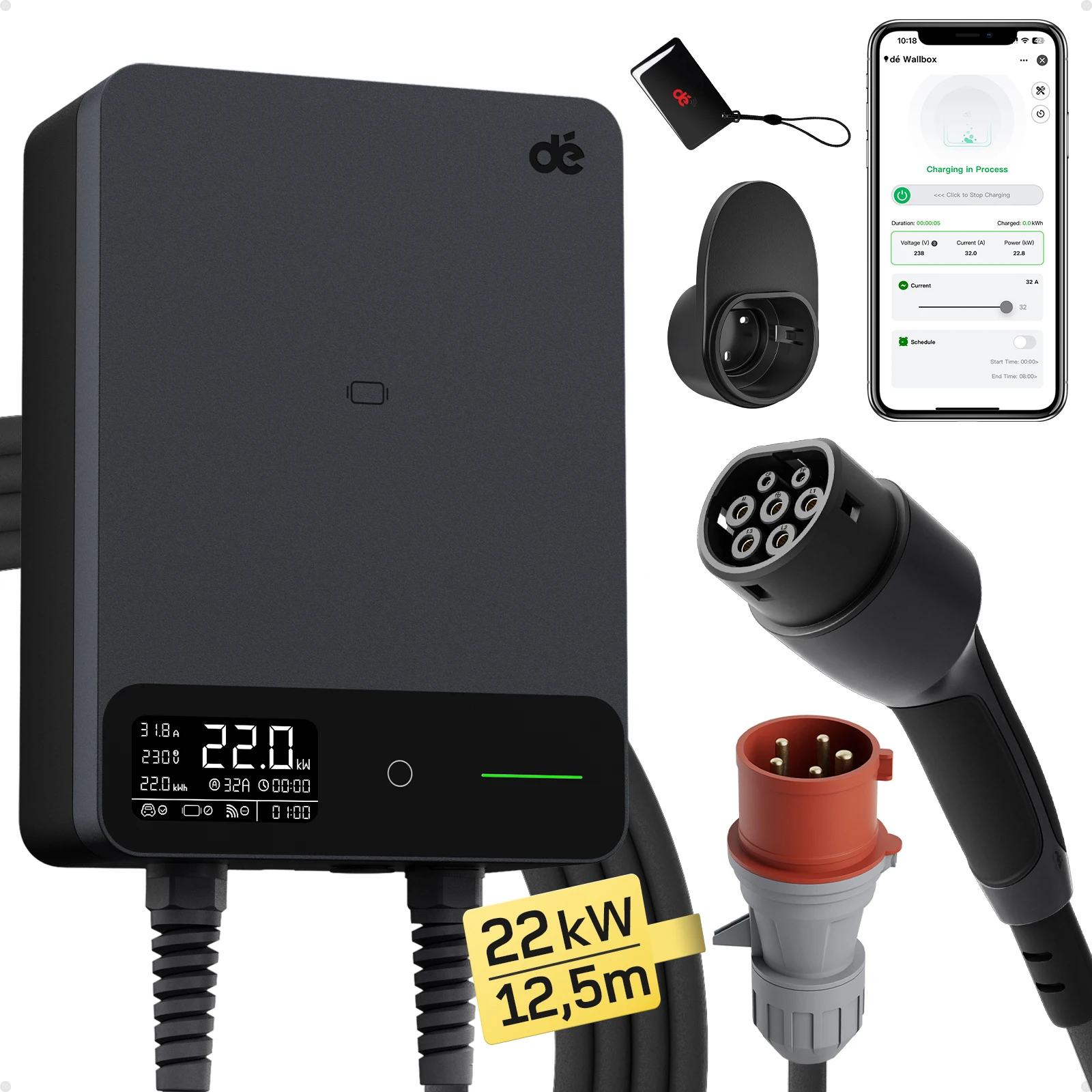 dé Wallbox 22kW 32A met APP, 230V Home oplaadstation, 5m 7,5 m 10m 15m oplaadkabel, CEE naar Type 2 EV oplader Zwart